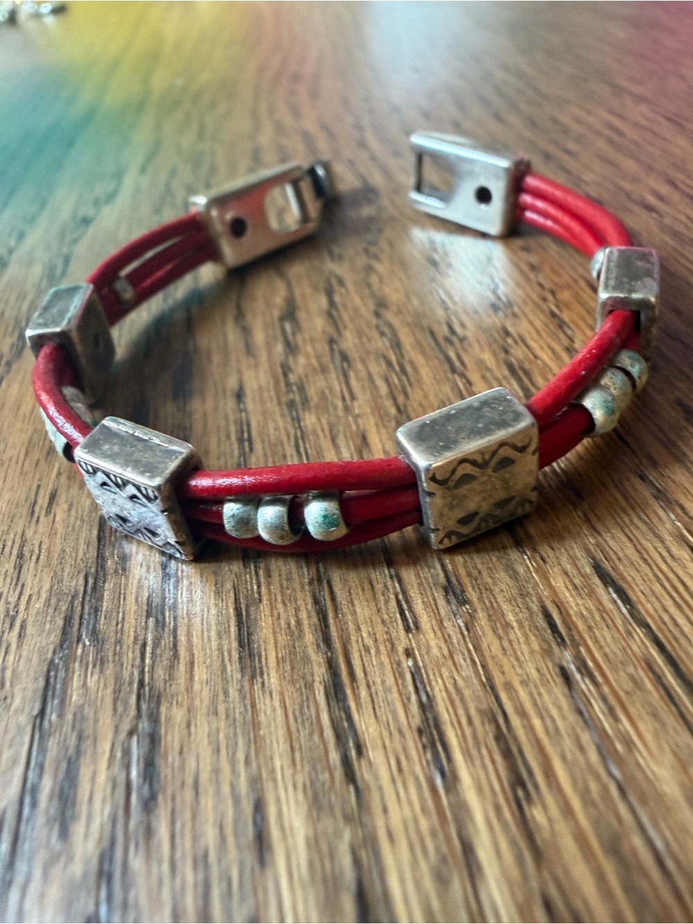 Boho Red Multi-Strand Leather Cuff Bracelet with Antiqued Silver Sliders